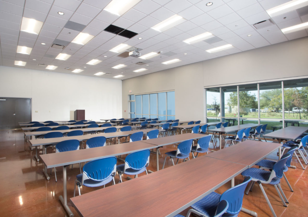 Classroom with Podium at Crescent Crown Distributing Beverage Facility Built by ARCO Construction in Lafayette