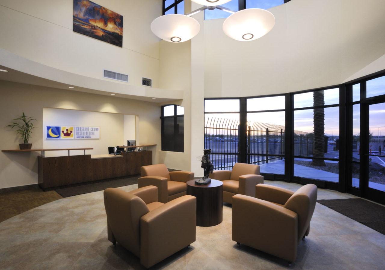 Lobby with High Ceiling at Crescent Crown Distributing Beverage Facility Built by ARCO Construction in Surprise