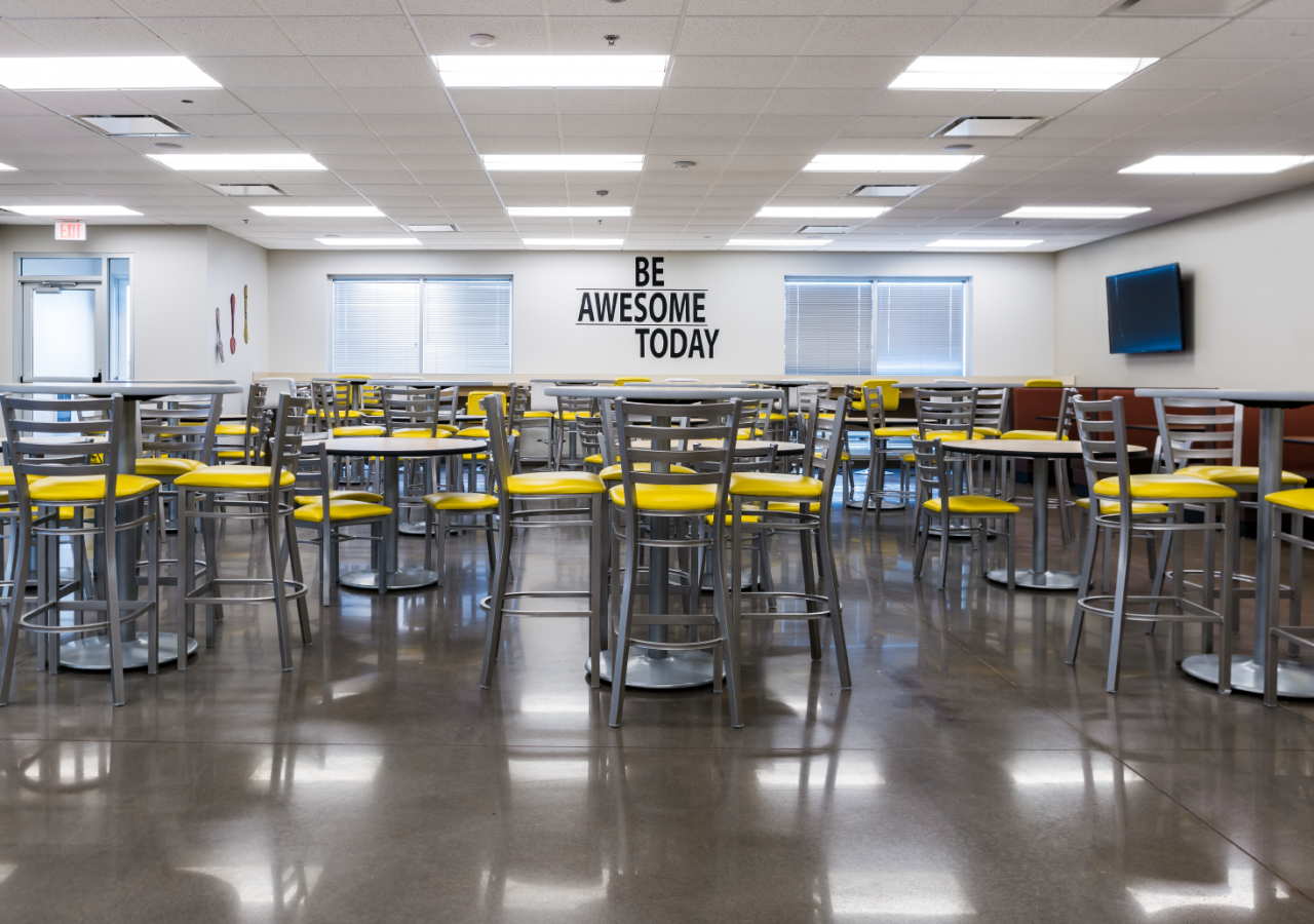 Cafeteria with Wall Decal at a Global Toy Manufacturer's Distribution Facility Built by ARCO Construction