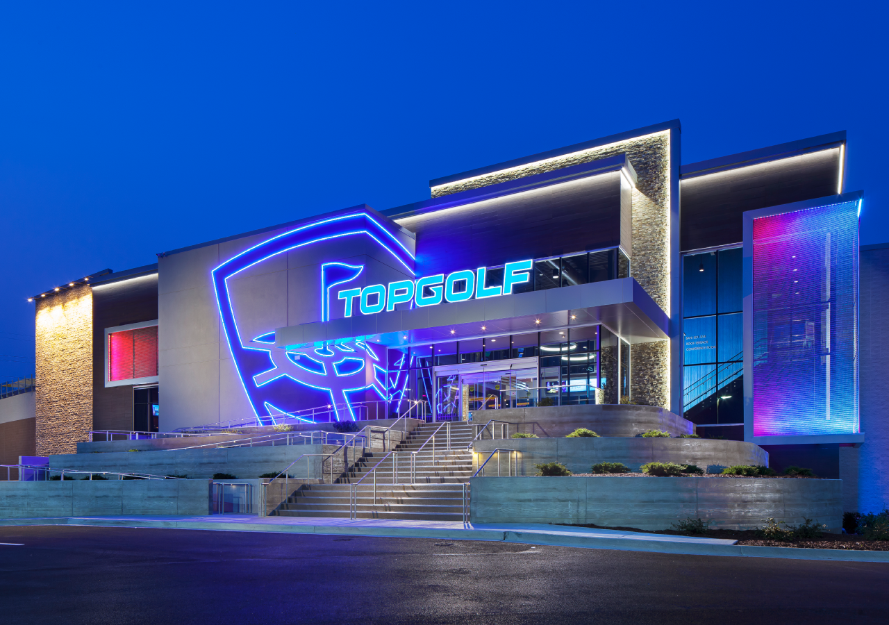 Front Exterior at Night of Topgolf Entertainment Facility Built by ARCO Construction