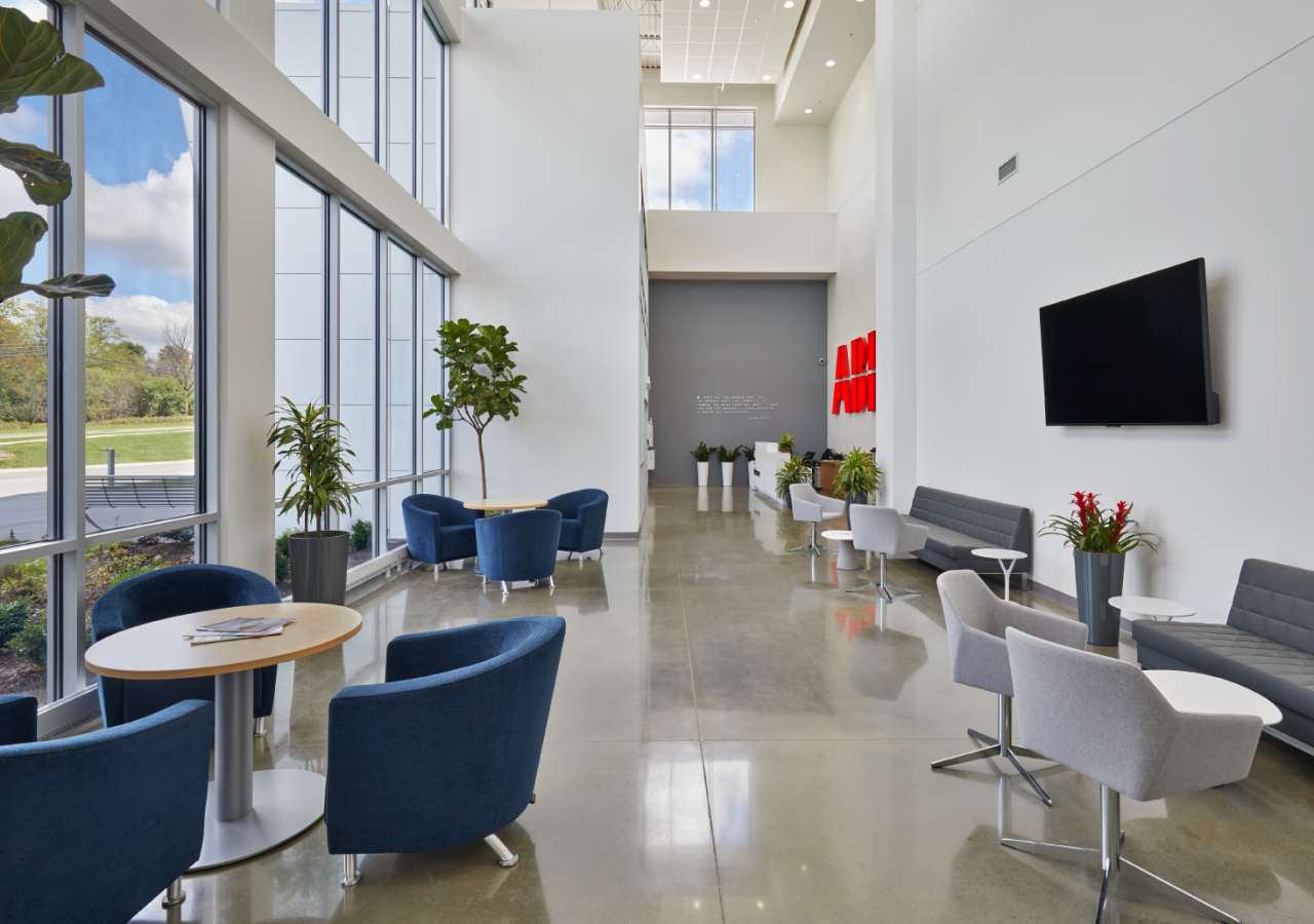 Bright Lobby with Curtain Wall at ABB Office/Technology Facility Built by ARCO Construction