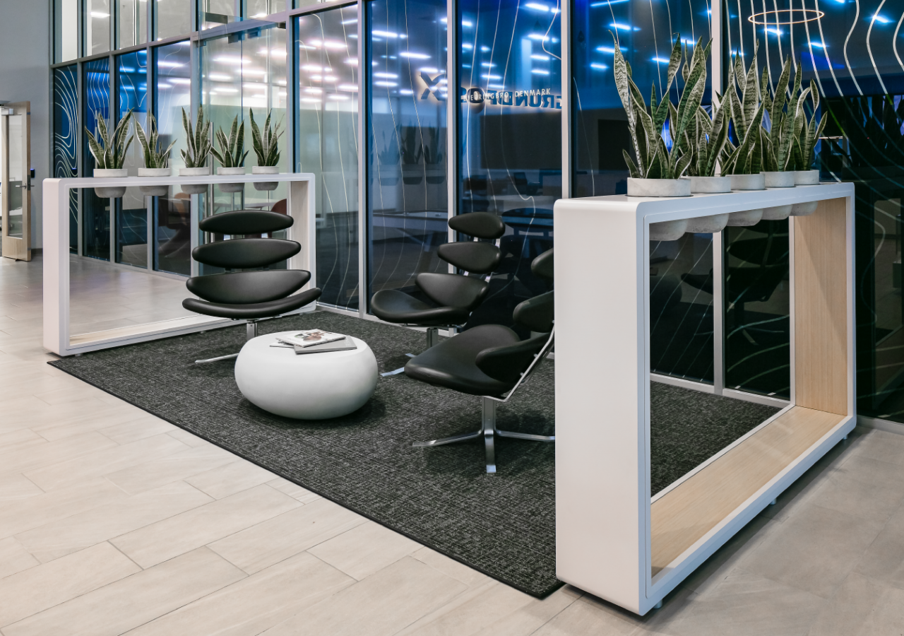 Modern Seating in Lobby of Grundfos Office/Call Center Built by ARCO Construction