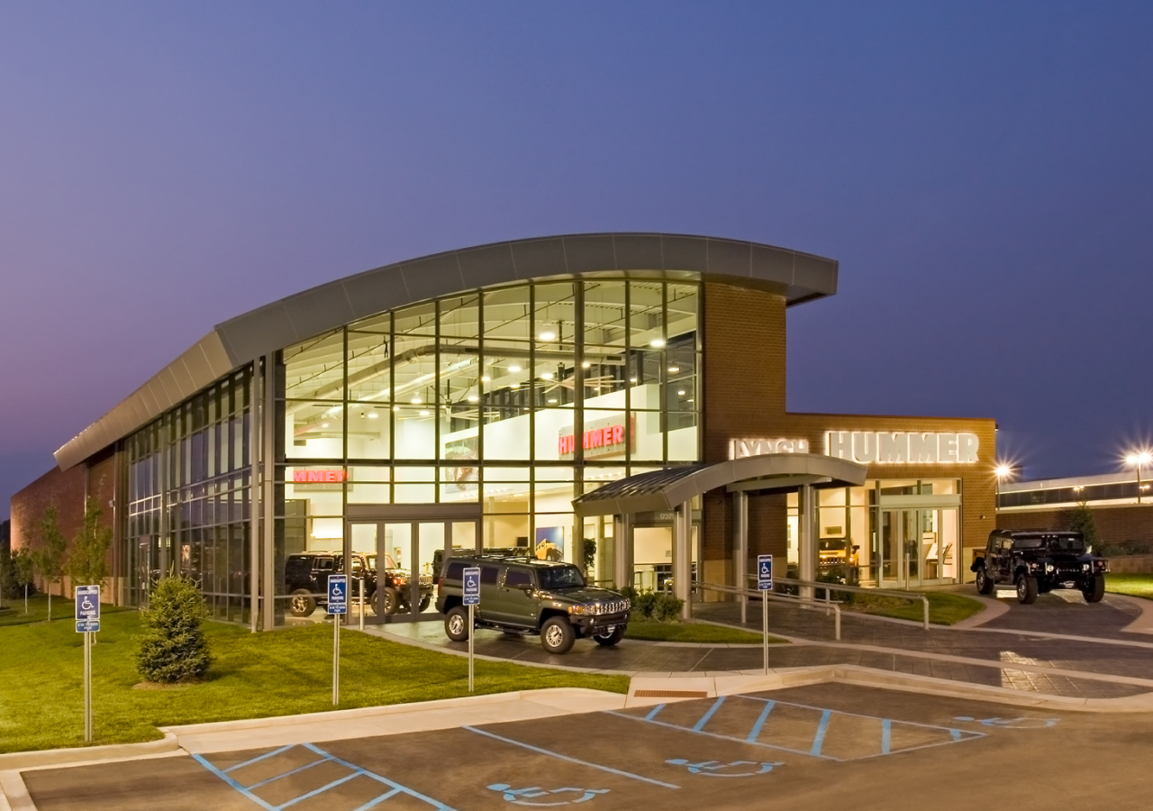 Nighttime Exterior View of Jim Lynch Hummer Luxury Car Dealership Built by ARCO Construction