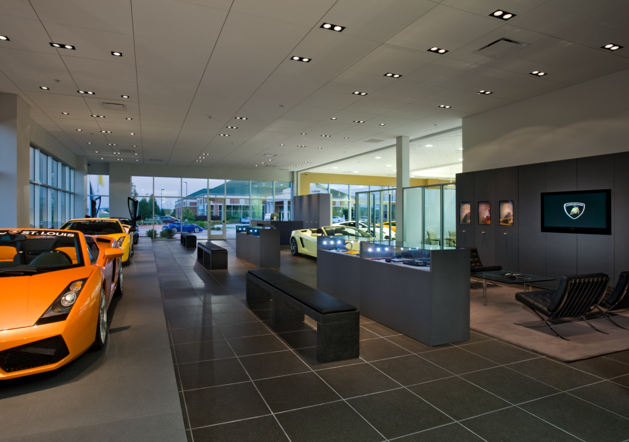 Car Showroom and Lounge at Lamborghini Luxury Car Dealership Built by ARCO Construction