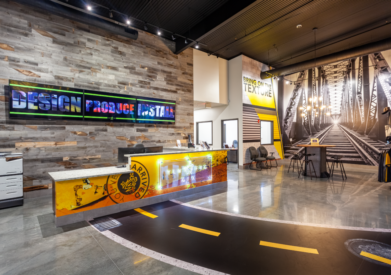Lobby with Graphic Wall Art at Yellow Frog Graphics Facility Built by ARCO Construction