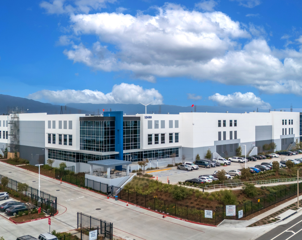 Ground exterior of the front entrance which has a curtain wall for a Cold Storage renovation in Rancho Cucamonga, CA