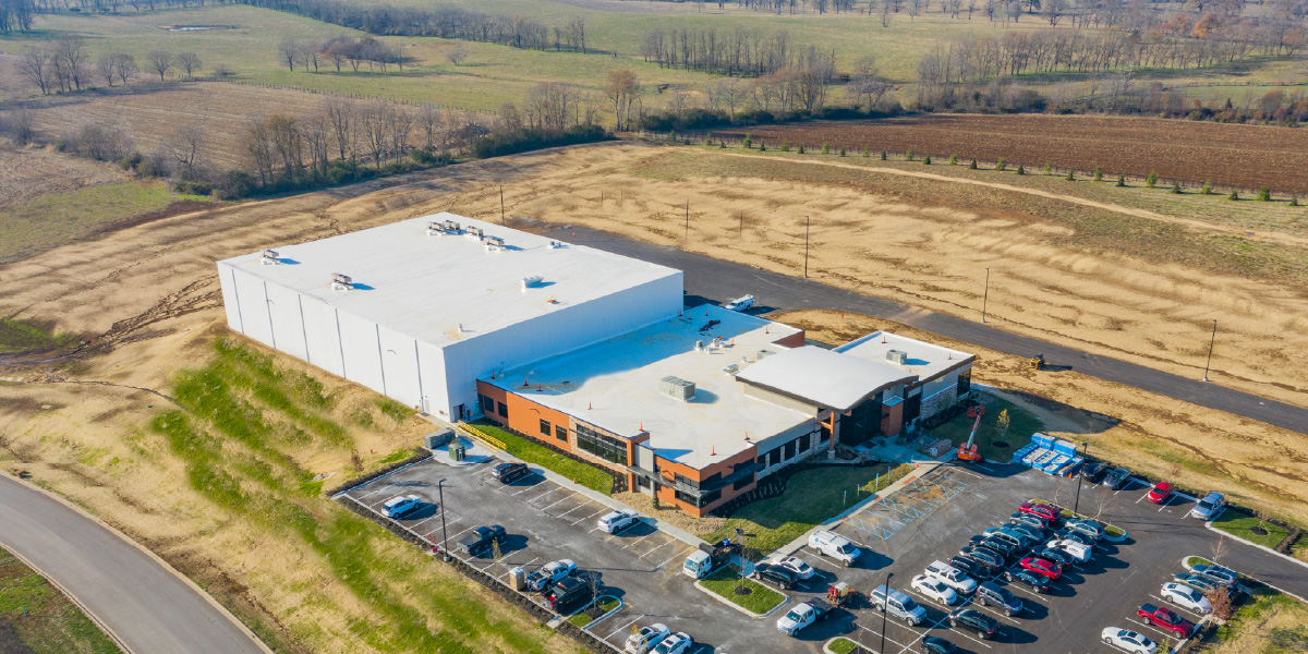 exterior aerial view of a cold storage facility and office for Hunt Brothers Pizza