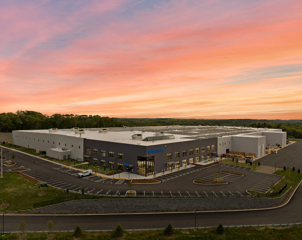 Aerial view with a sunset of Munters Manufacturing facility for Dehumidification systems in Amesbury, MA