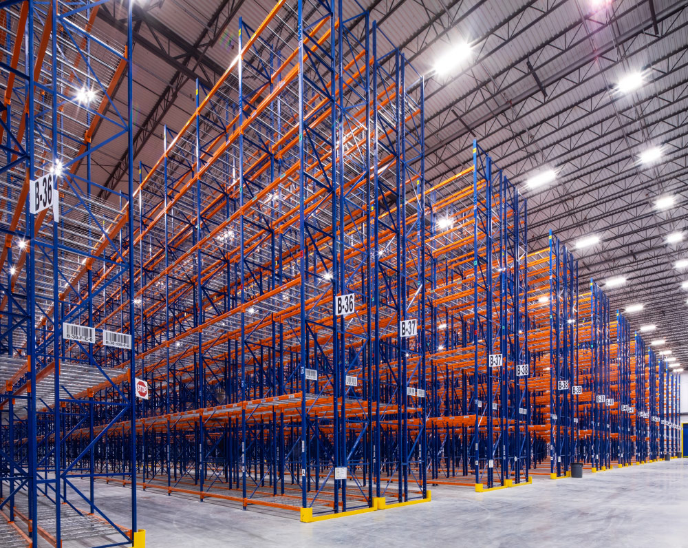 Empty racking view of the whole warehouse inside RealCold's Cold Storage Facility in Lockhart, TX