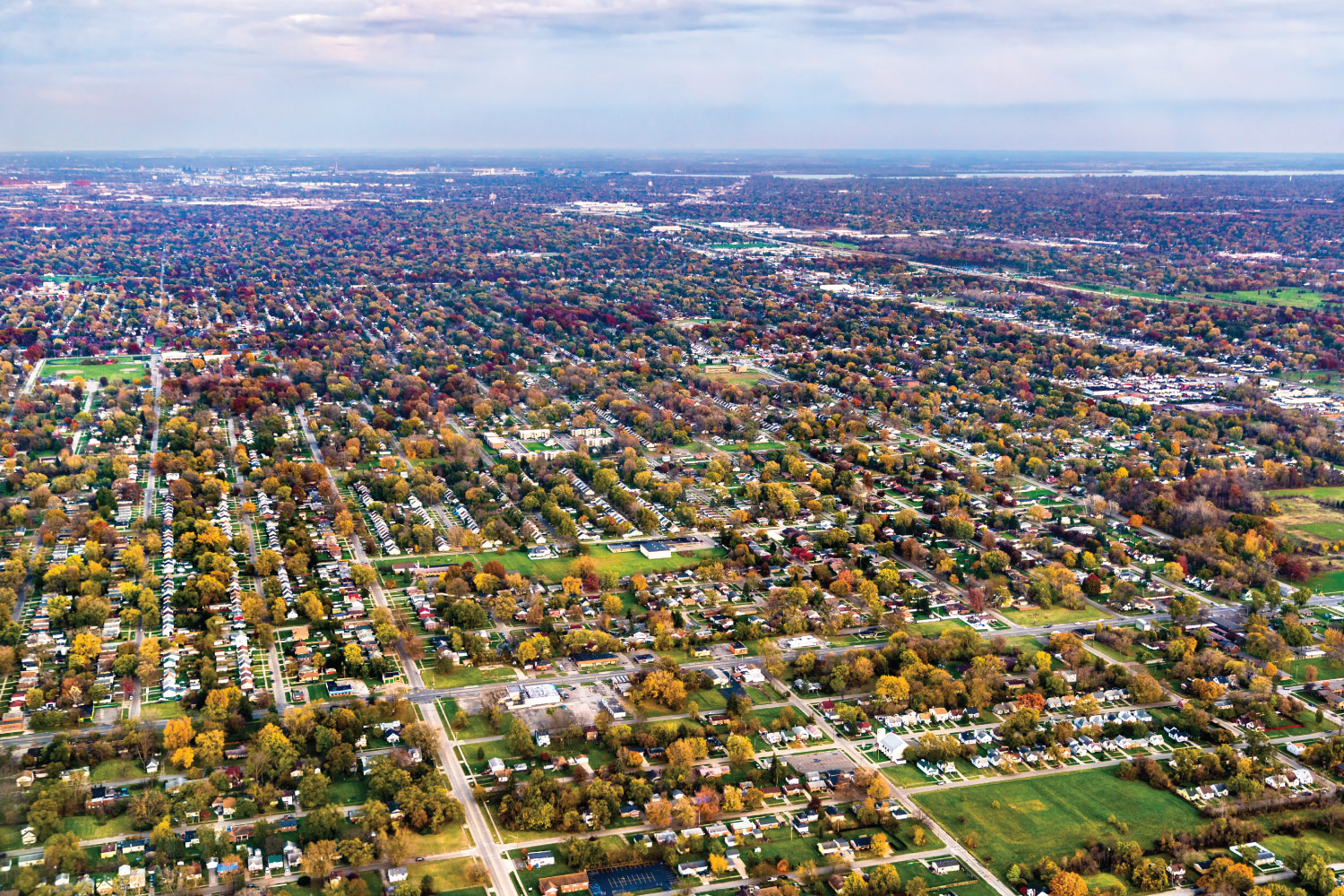 aerial view of detroit suburbs