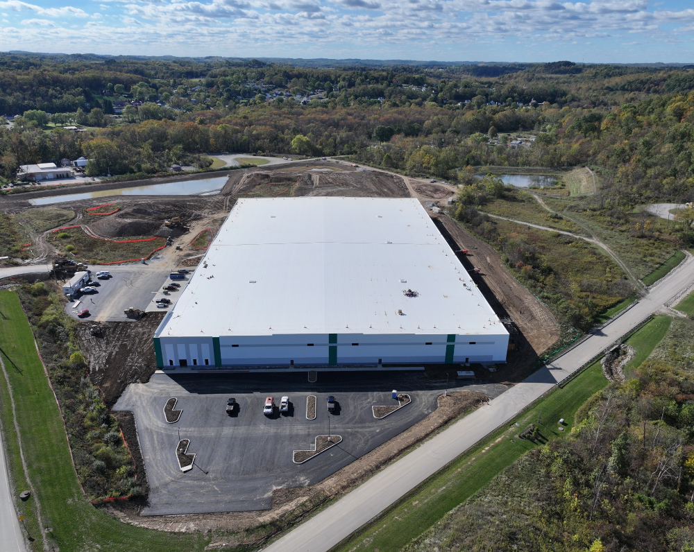 aerial drone view of the chelsea building projects manufacturing facility being constructed in pittsburgh pennsylvania