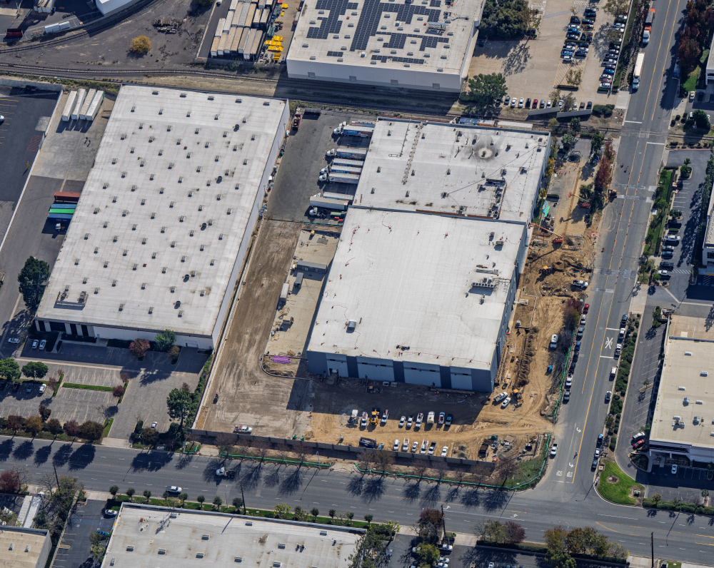 aerial view of dominos cold storage facility construction in ontario california