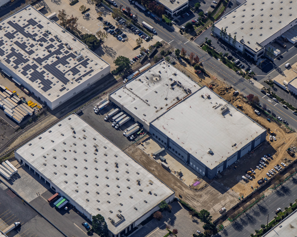 aerial view of dominos cold storage facility construction in ontario california