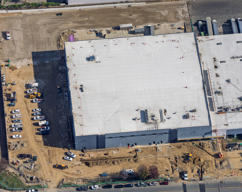 aerial view of dominos cold storage facility construction in ontario california
