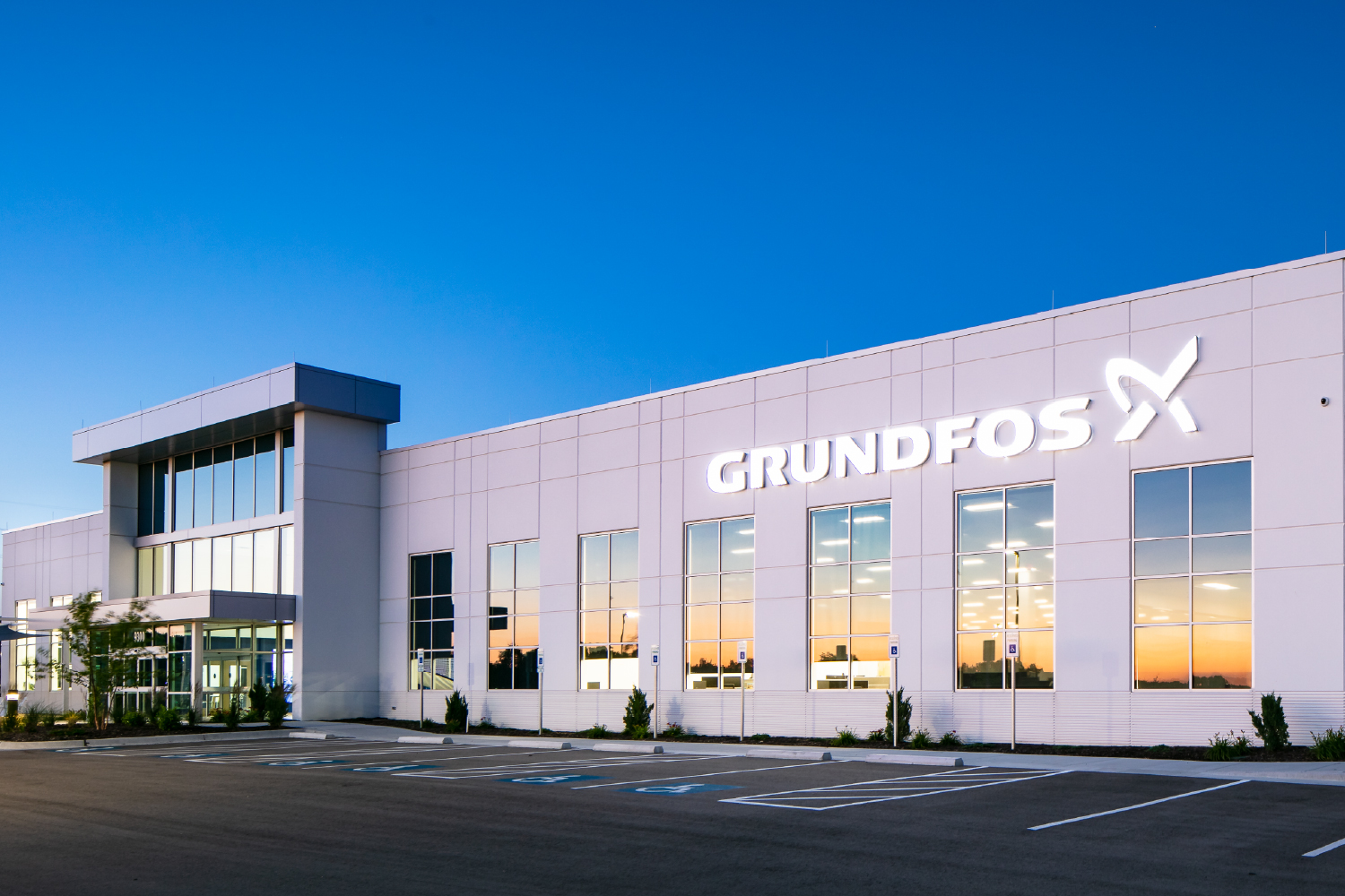 front entrance of the grundfos regional headquarters in lenexa kansas