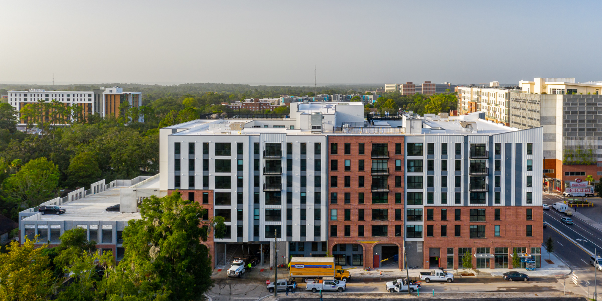 aerial exterior of the hub on third avenue student housing development in gainesville florida