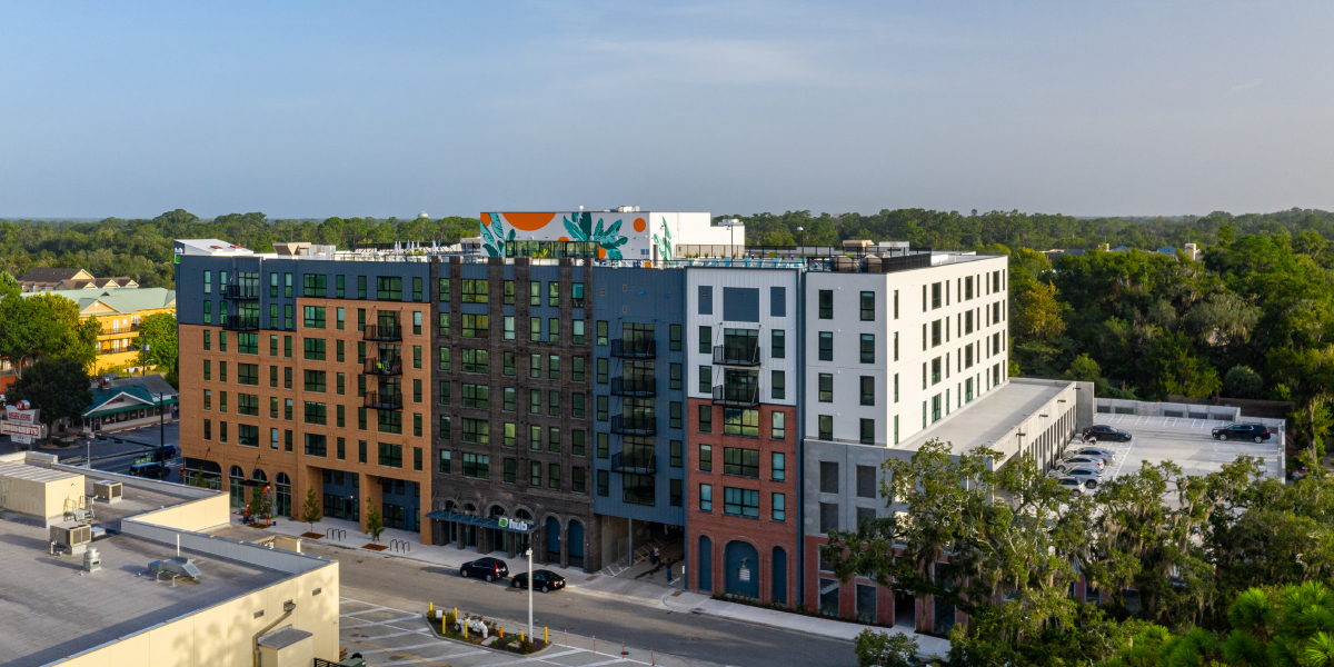 drone image of exterior of the hub on third avenue student living development in gainesville florida