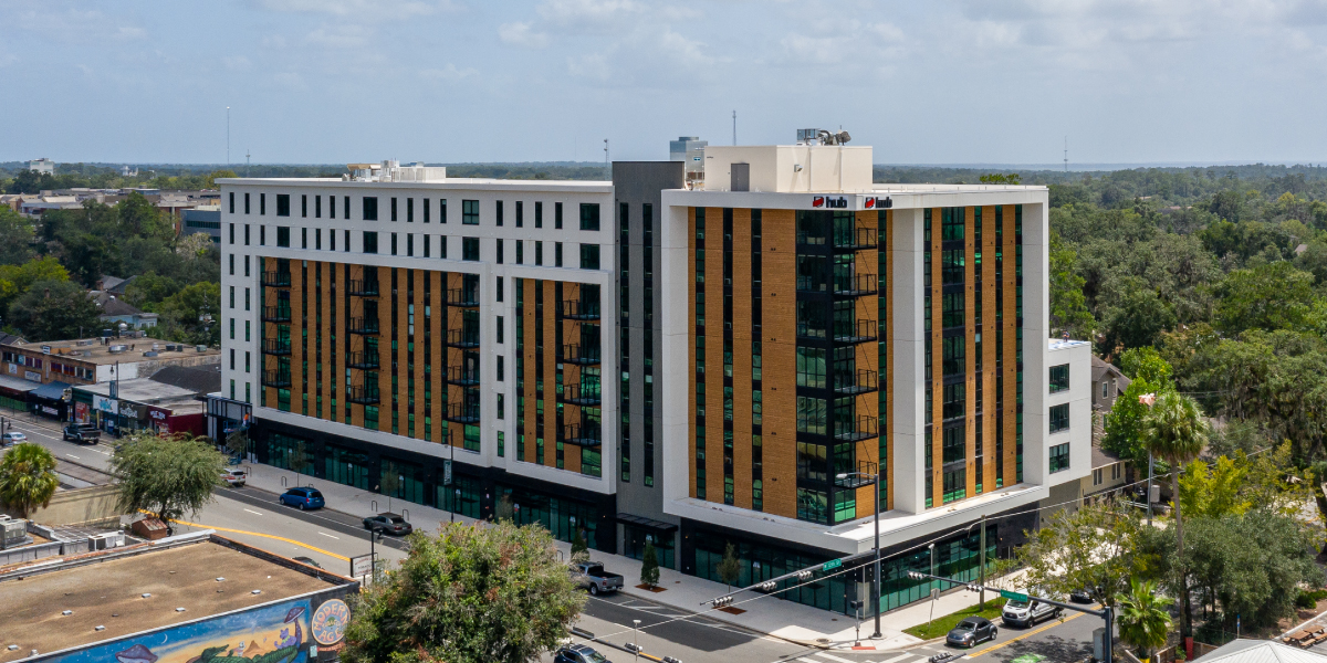 drone image of the hub on university student housing in gainesville florida