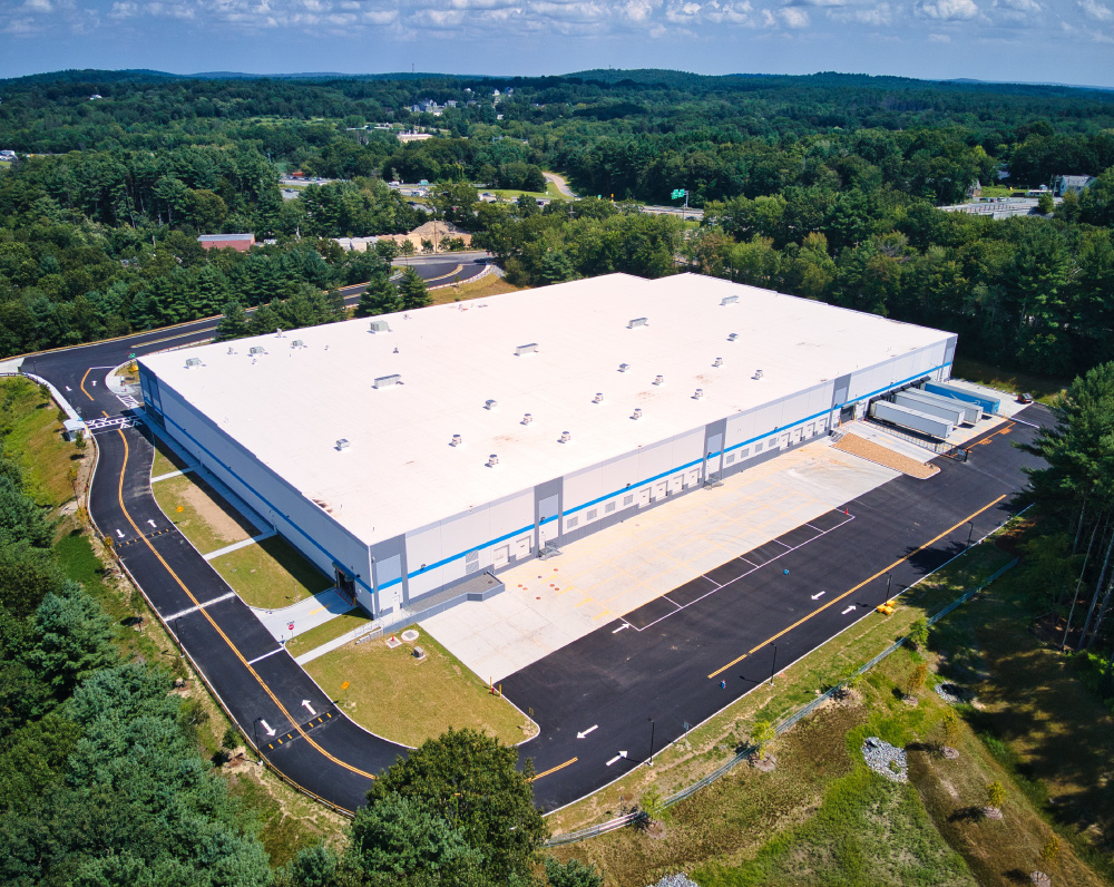 aerial view of the amazon last mile delivery station in littleton massachusetts