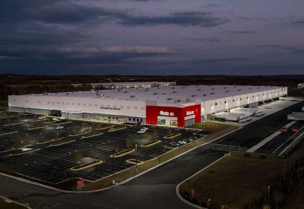 Dusk Aerial of O'Reilly Auto Parts Distribution Facility Constructed for Peterson Companies in Fredericksburg, VA