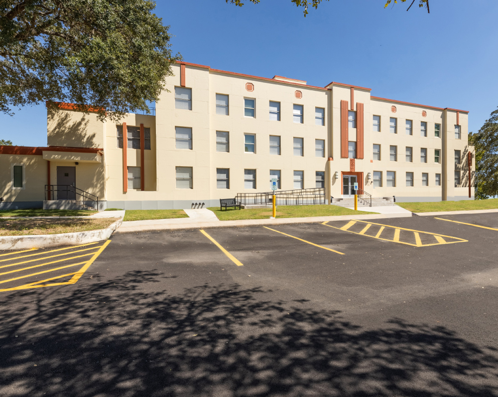 exterior front entrance of the landmark 301 independent living facility in conroe texas