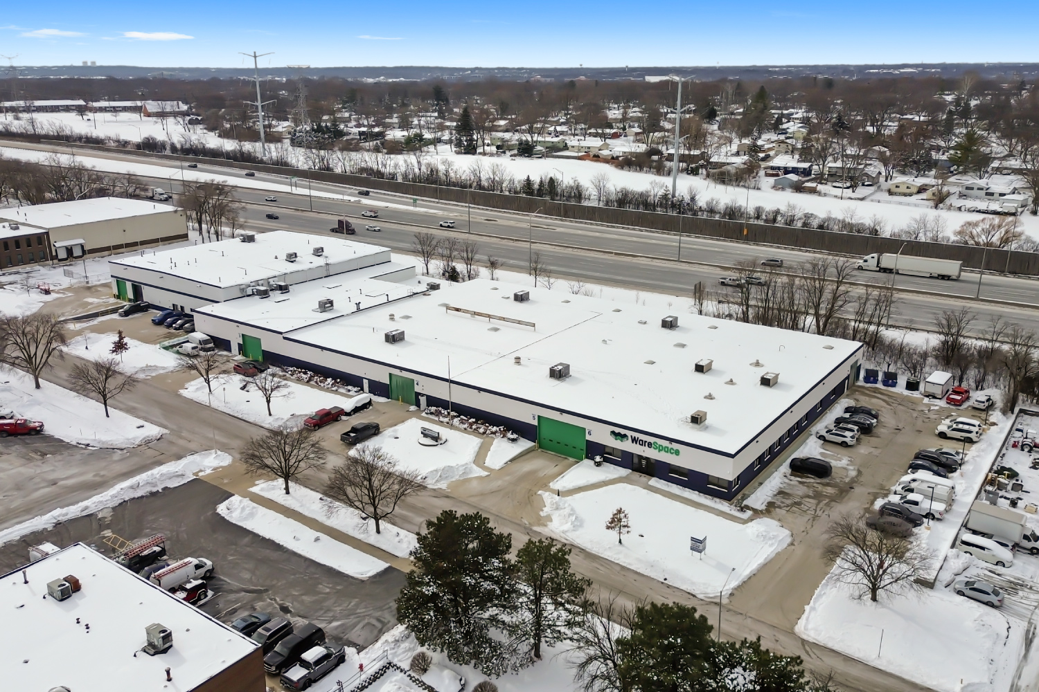 drone image of the warespace storage facility in downers grove illinois