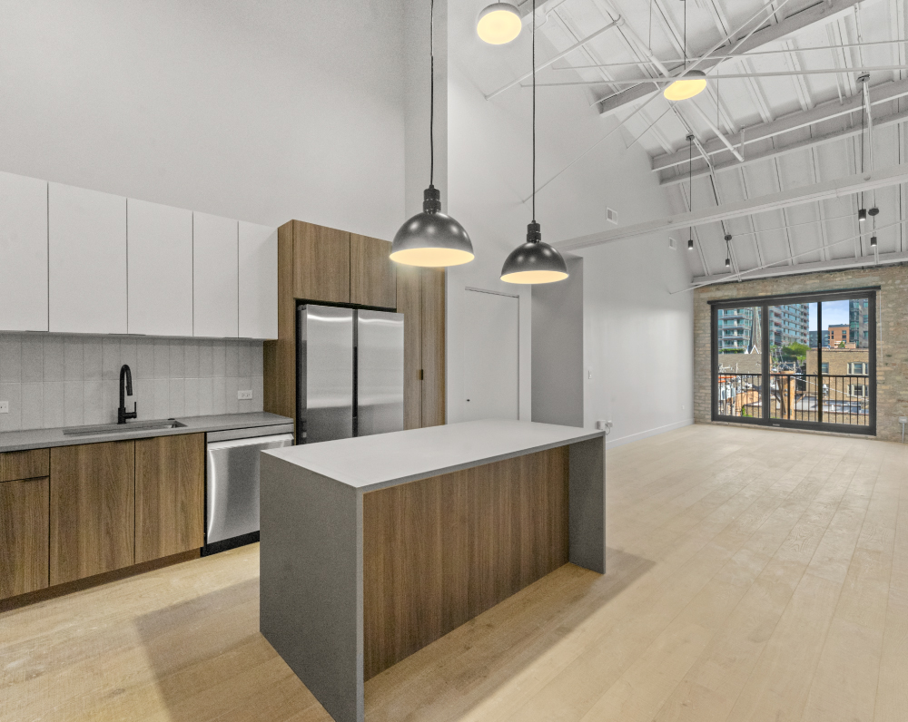 kitchen area of a unit within the varsity theater conversion project in evanston