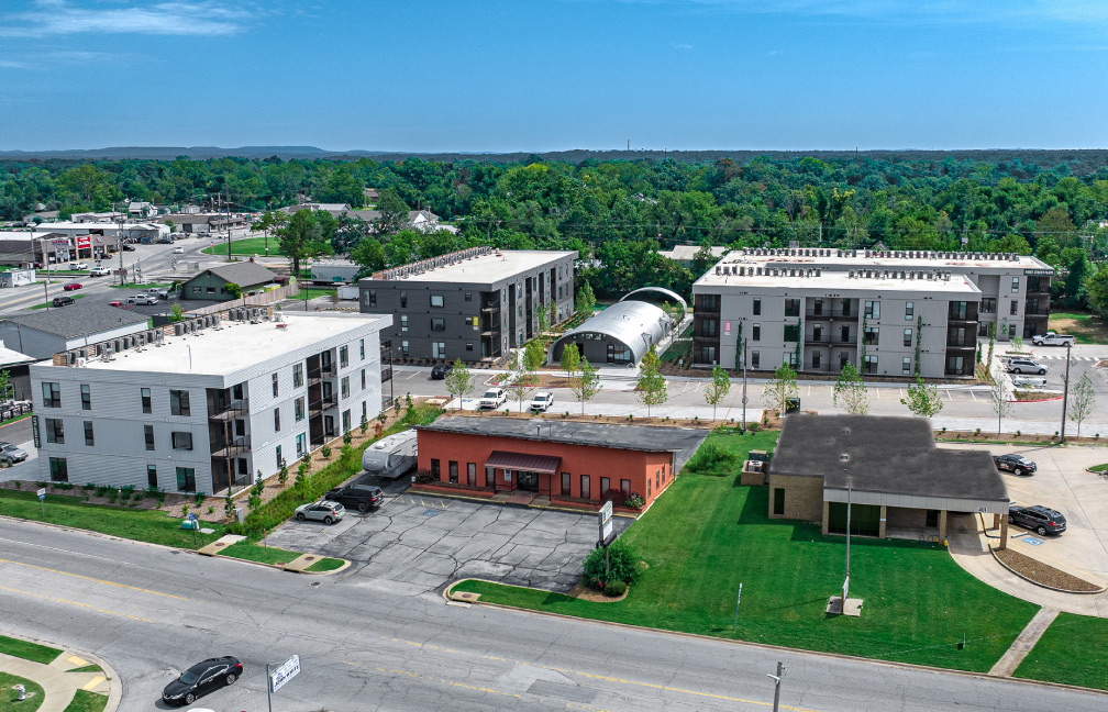drone image of first street flats apartment complex in rodgers arkansas