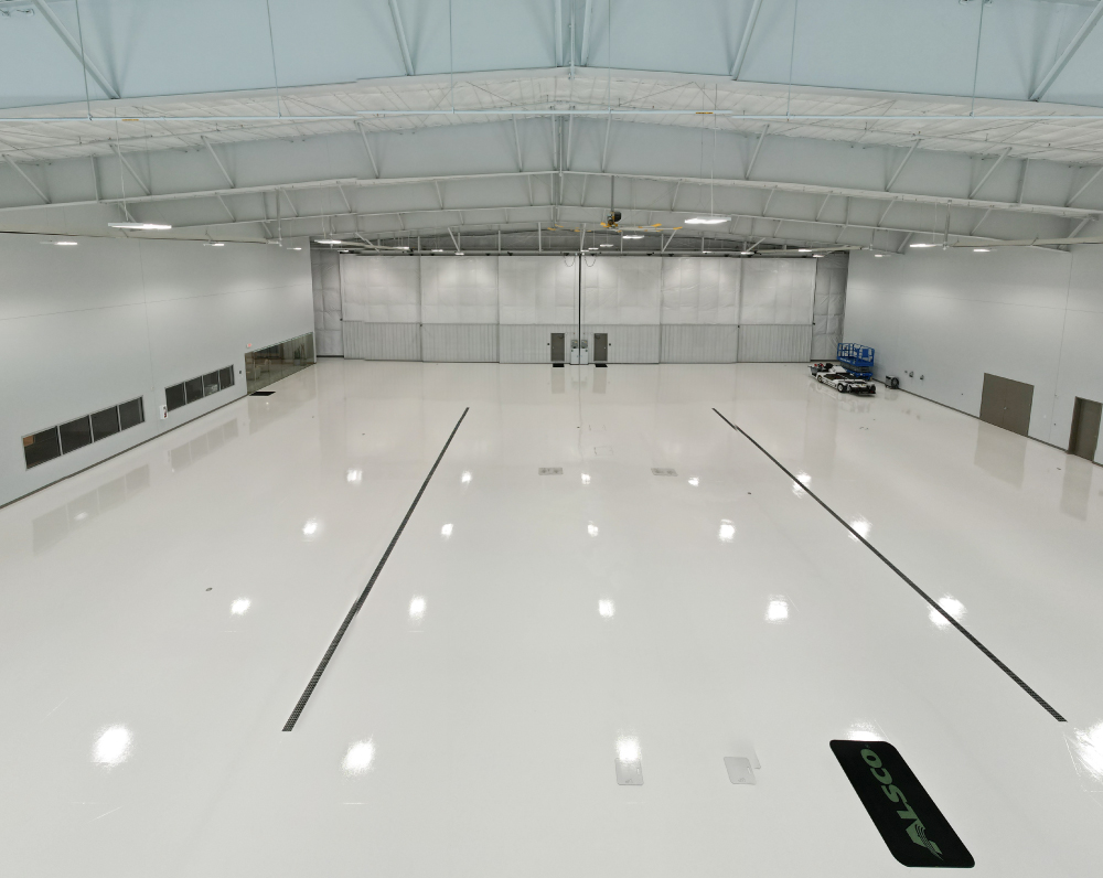 elevated view of inside the alsco aircraft hangar