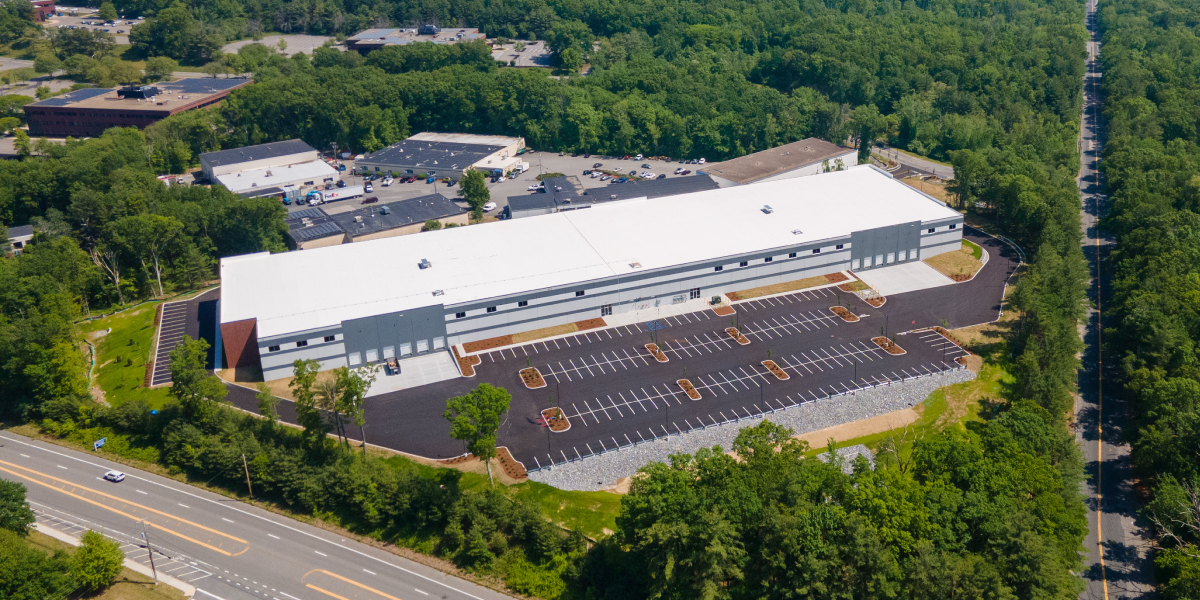 drone image of the lincoln property company warehouse in marlborough massachusetts