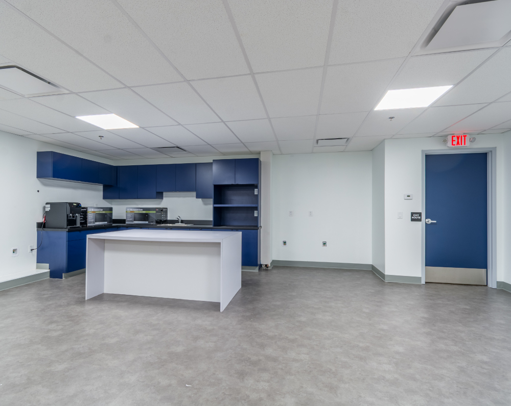 kitchen area inside the renovated macom office in hamilton new jersey