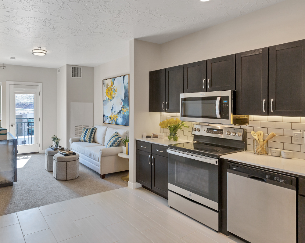 kitchen area of a unit within The Ovation by avamere at sienna hills Continuing Care Retirement Community in washington city utah
