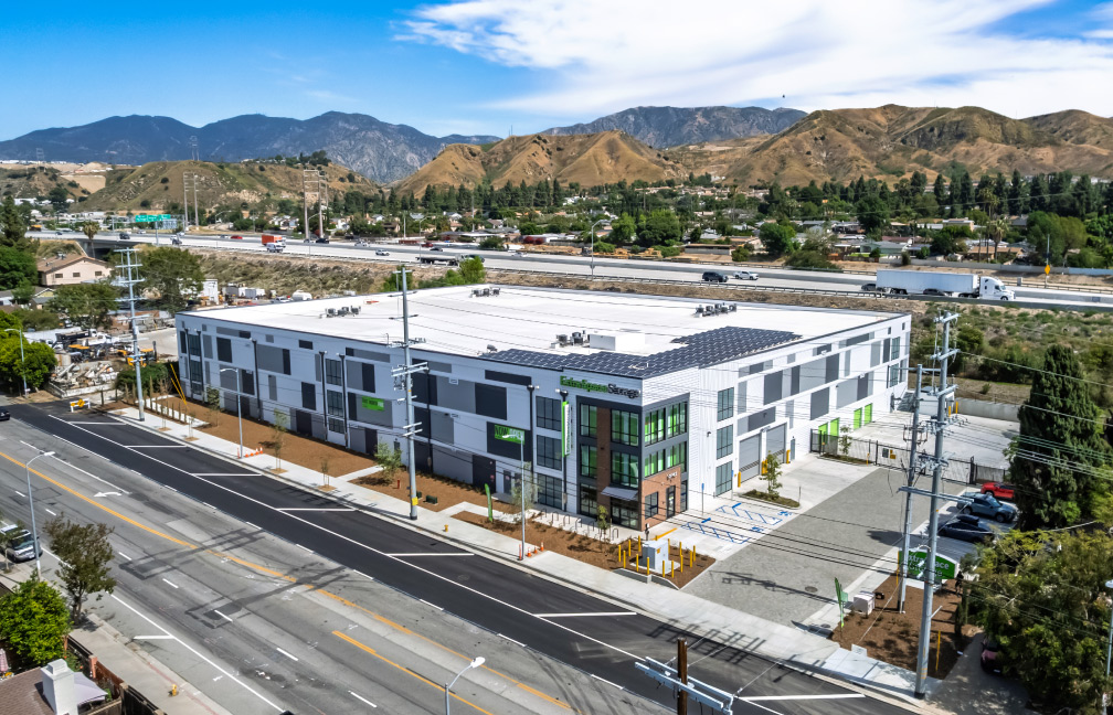 drone image of the banner self storage building front entrance