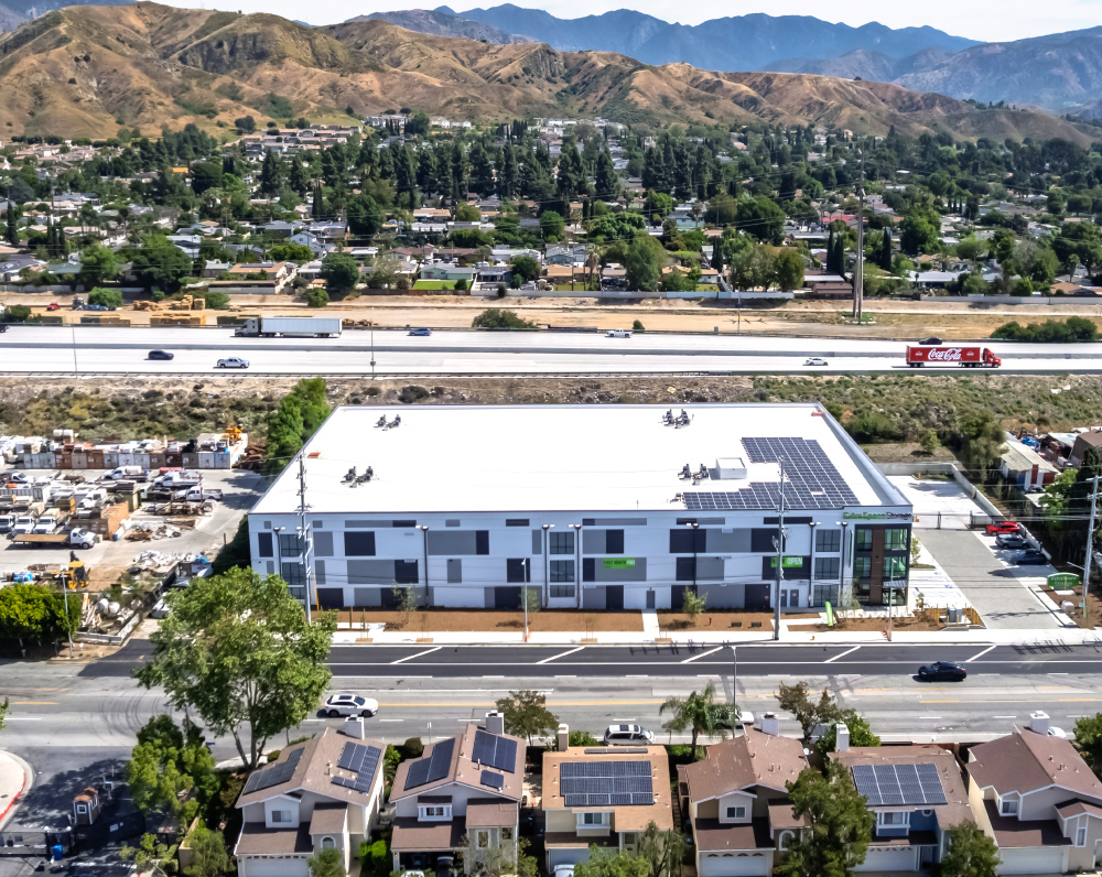 drone image of the banner real estate group sylmar california self storage facility