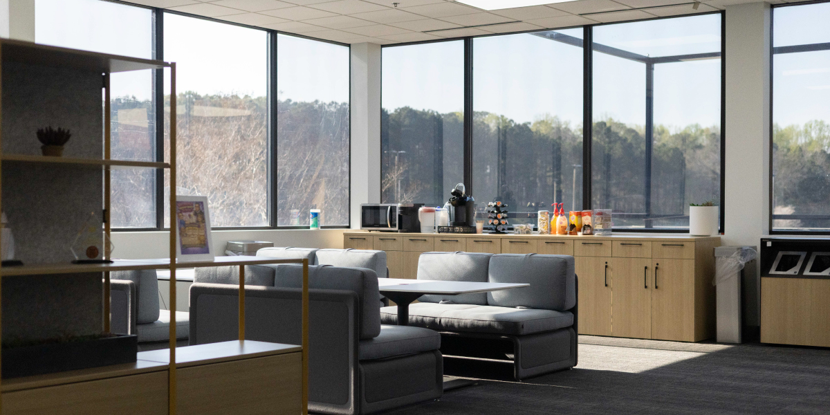 break room and common area inside the renovated caterpillar office building in griffin georgia