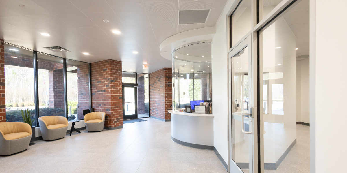 reception area of the renovated caterpillar office building in griffin georgia