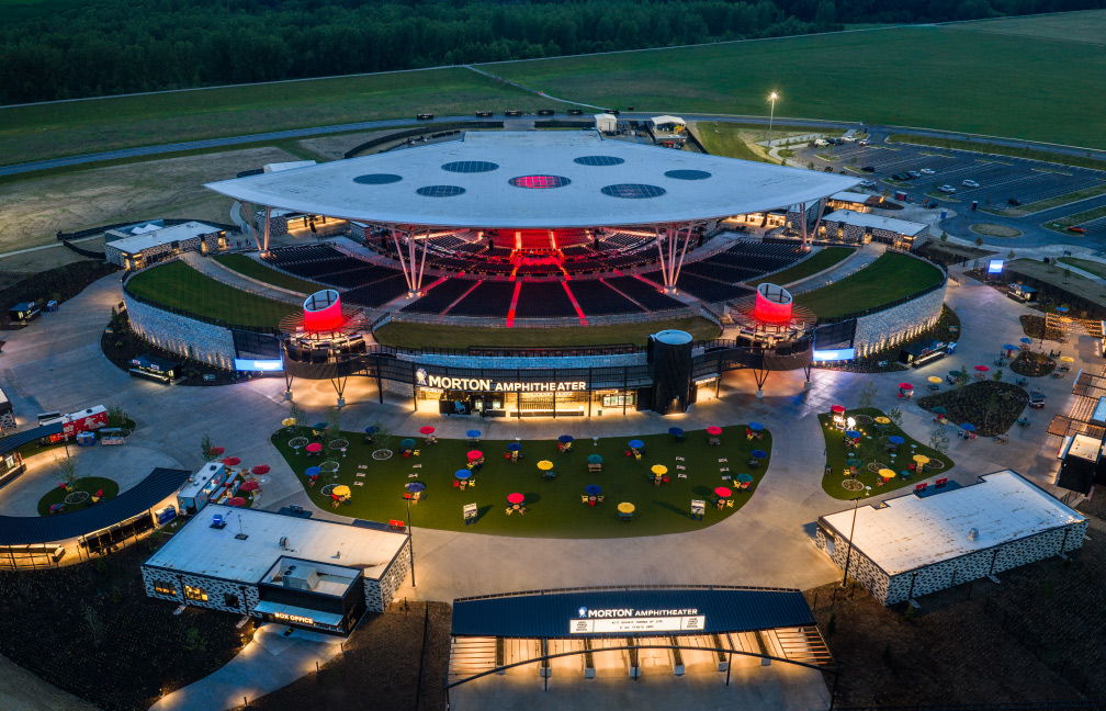 night time drone view of live nation's morton amphitheater in riverside, missouri