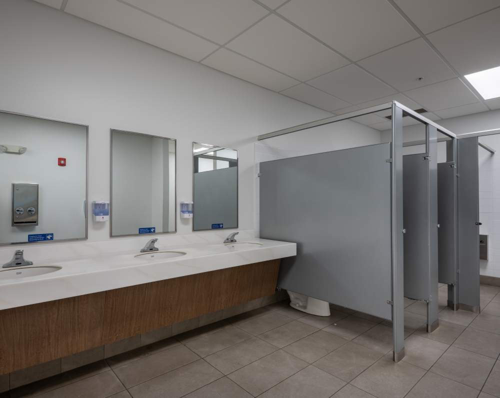 renovated bathroom of the spreetail warehouse tenant improvement project in greenwood indiana